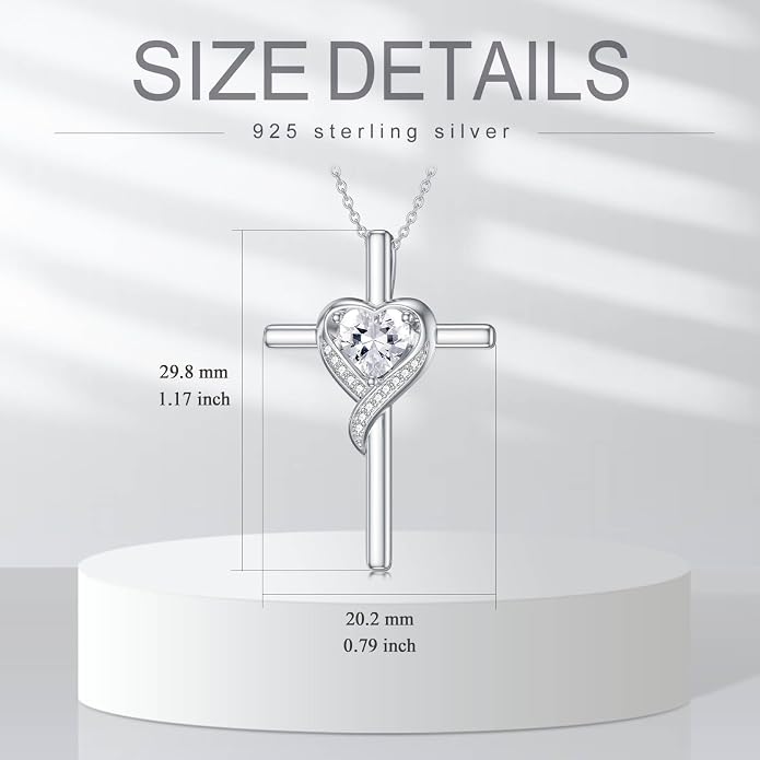 TOUPOP Birthstone Cross Necklace for Women 925 Sterling Silver Heart Cross Pendant Necklace Mothers Day Birthday Jewelry Gifts for Mom Wife Her