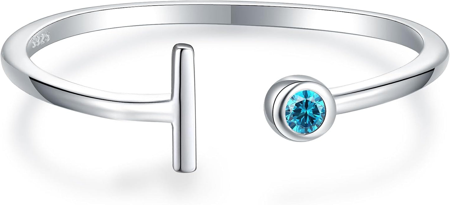 925 Sterling Silver Initial Letter Birthstone Rings for Women Adjustable 1-12 Month Birthstone Alphabet Stacking Ring for Teens Girls Stackable Birthstone Rings Birthday Jewelry Gift for Daughter Mom
