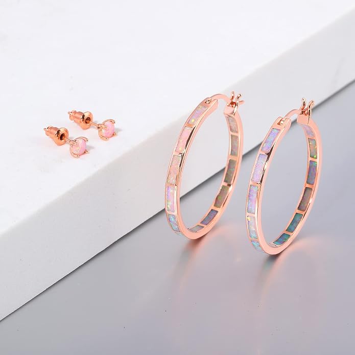 CiNily Opal Hoop Earrings,Women Jewelry Rhodium Plated/Rose Gold or Yellow Gold Plated Gemstone Big Hoop Earrings 32mm