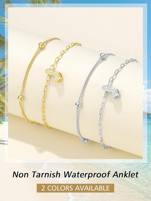 FindChic Silver/14K Gold Plated Layered CZ Initial Ankle Bracelet for Women | Waterproof Stainless Steel, Cubic Zirconia Letter Charm, Non-Tarnish, Hypoallergenic, Adjustable Extender, Summer Jewelry