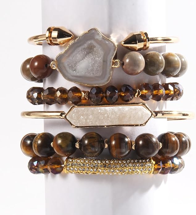 Yomisa 5PCS 6PCS Natural Boho Beaded Bracelets/Bangle for Women Men,Healing Turquoise Jasper Agate Crystal Gemstone Stone Chakra Multilayer Wrap Bohemian Handmade Jewelry Beads Stretch Bracelet Set