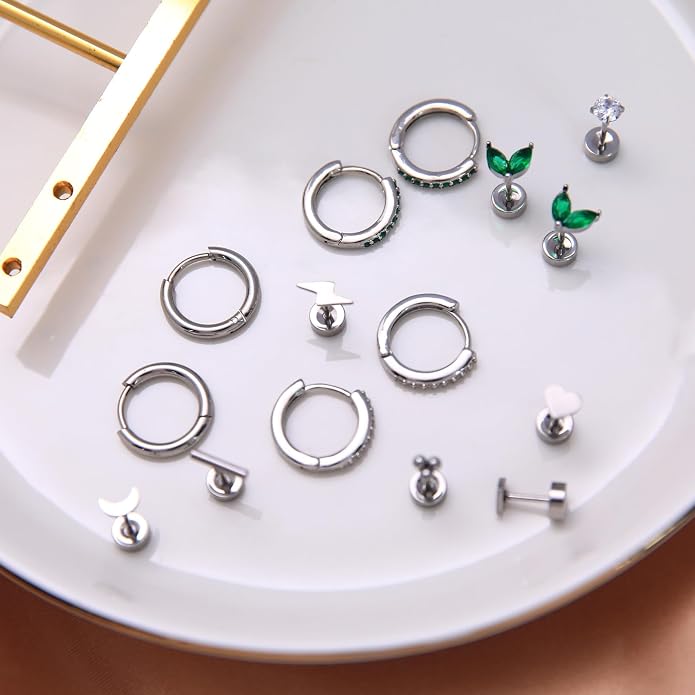 Stainless Steel Stud Earrings Set for Women Hypoallergenic Flat Back Cartilage Earrings Screw Back Huggie Hoop Earrings Multiple Piercing Cubic Zirconia Helix Tragus Jewelry