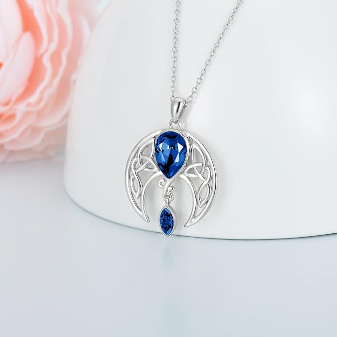 AOBOCO Sterling Silver Celtic Crescent Moon Goddess Pendant Irish Good Luck Necklace with Birthstone Crystal, Celtic Moon Jewelry Gift for Women Mom Wife