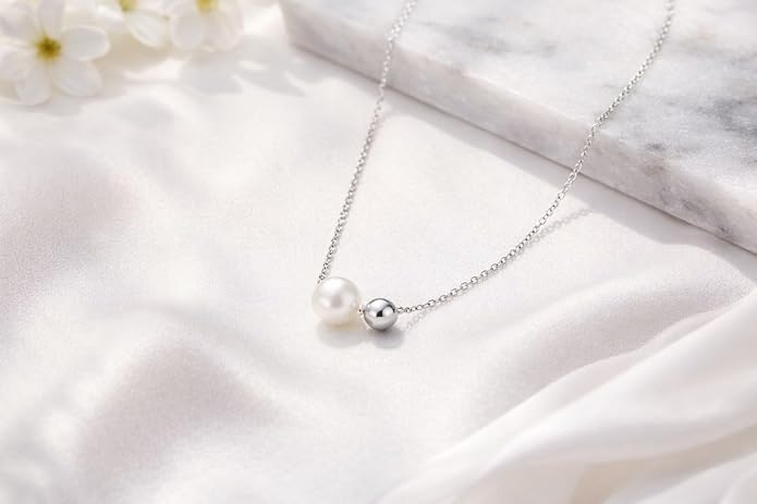 QueenBee Double Floating Pearl & Bead Bolo Necklace - 8mm Pearl with 14K Gold Filled or 925 Sterling Silver Accents, Adjustable Slider Chain, No-Clasp Waterproof Jewelry