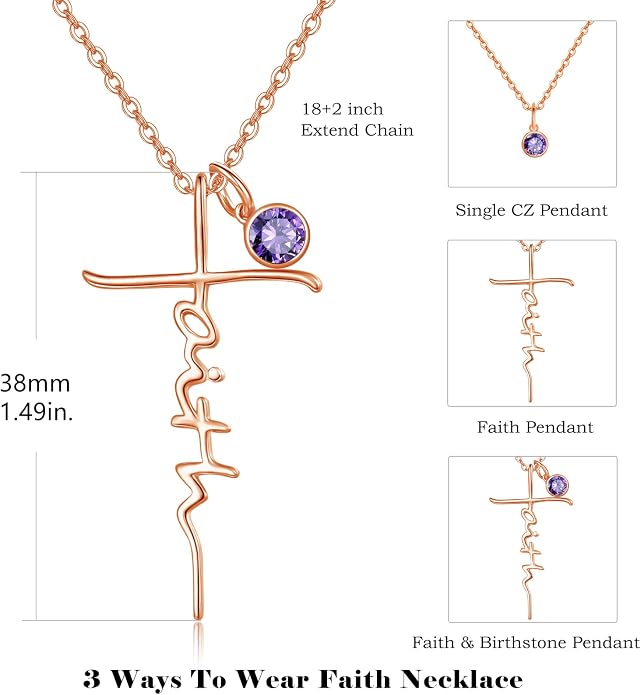 PRAYMOS Faith Cross Necklace for Women 925 Sterling Silver Pendant Necklace With Birthstone Initial Christian Religious Confirmation Baptism Mothers Day Gifts