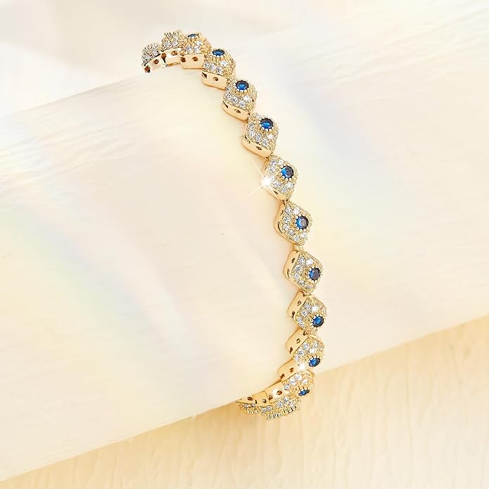 Richapex Diamond Tennis Bracelet for Women, Eternity Bracelet Blue Cubic Zirconia, Sapphire Bracelet, 18K Gold Plated Hypoallergenic Bracelets -7.48inch/190mm
