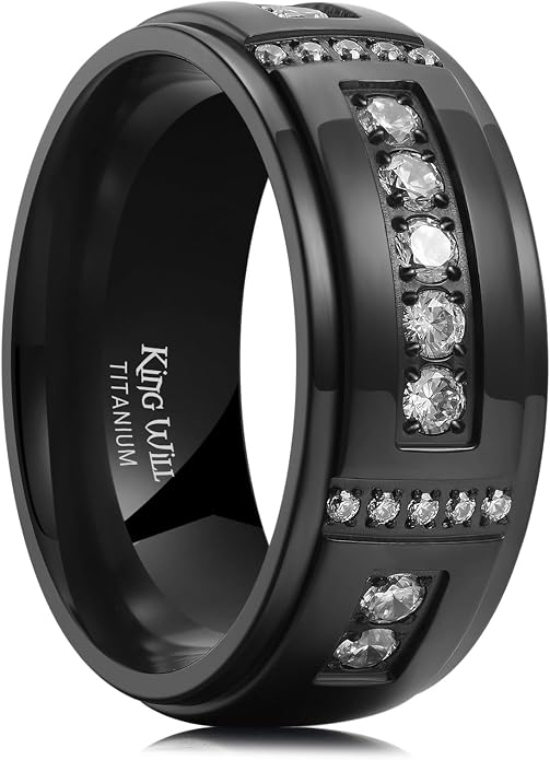 King Will Men's Titanium Wedding Band - 8mm Polished Band with Step Edges and Cross Design Featuring White Zirconia Insets Comfort Fit Size 7-14