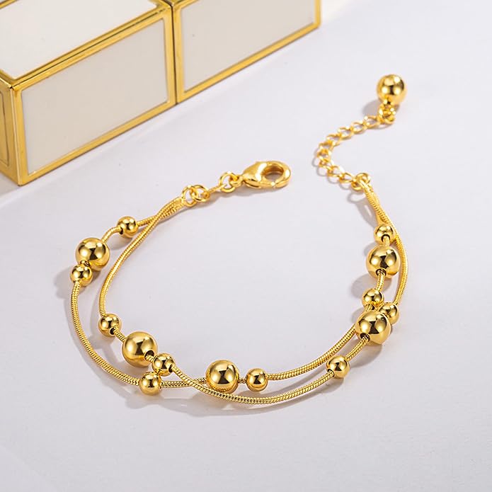 Womens Anklet 925 Sterling Silver Layered Anklet Bracelet Dainty Beaded Foot Chain Adjustable Summer 24k Gold Plated Beach Jewelry Gift