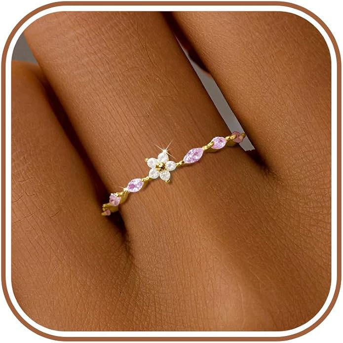 SUYACS 925 Sterling Silver Flower Rings with 6 Marquise Cut Pink Birthstone for Women Gold Plated Cute Opal Floral Small Stackable Ring Mother Daughter Statement Ring Jewelry Birthday Gifts