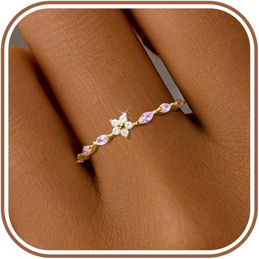 SUYACS 925 Sterling Silver Flower Rings with 6 Marquise Cut Pink Birthstone for Women Gold Plated Cute Opal Floral Small Stackable Ring Mother Daughter Statement Ring Jewelry Birthday Gifts