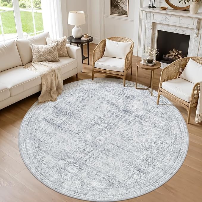 Round Area Rug for Living Room: 6ft Vintage Boho Neutral Washable Circle Rug Soft Large Circular Carpet for Bedroom Nursery Farmhouse Dining Room Office Floor Non-Slip Low Pile Under Table Rug Gray