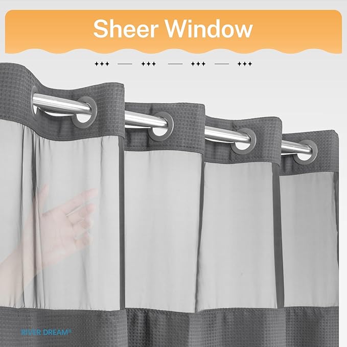 River Dream Heavyweight Grey No Hooks Required Dotted Waffle Weave Shower Curtain with Snap in Liner - 71W x 74H,Hotel Grade,Spa Like Bath Curtain,Gray