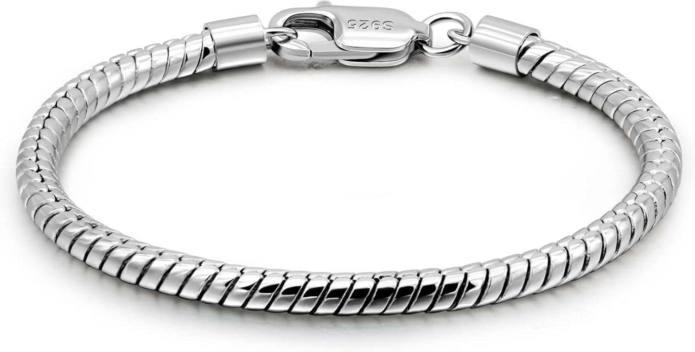 Dankadi Italy Smooth 3MM 4MM Round Snake Chain Bracelet Solid 925 Sterling Silver Men Women 6.3" 6.7" 7" 7.5" 8" 8.5" 9" 9.5" Bangle Charm Jewelry Gift