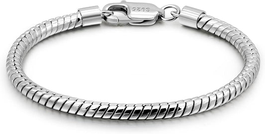 Dankadi Italy Smooth 3MM 4MM Round Snake Chain Bracelet Solid 925 Sterling Silver Men Women 6.3" 6.7" 7" 7.5" 8" 8.5" 9" 9.5" Bangle Charm Jewelry Gift