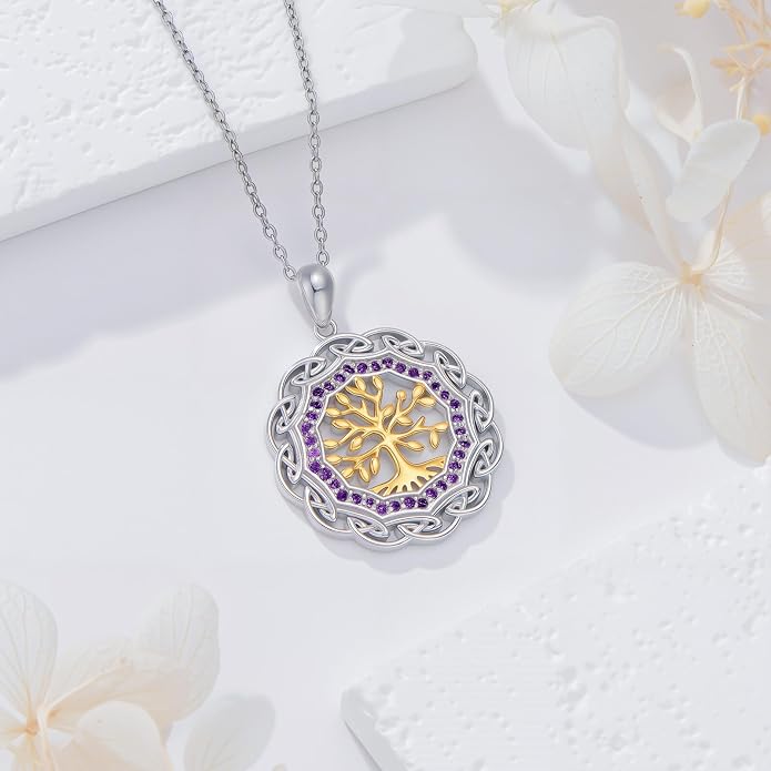 Sterling Silver Birthstone Celtic Tree of Life Necklace, 18K Gold Plated Colored Gemstone Tree of Life Pendant Two-Tone Necklaces Jewelry Birthday Gifts for Women 18" - 20"