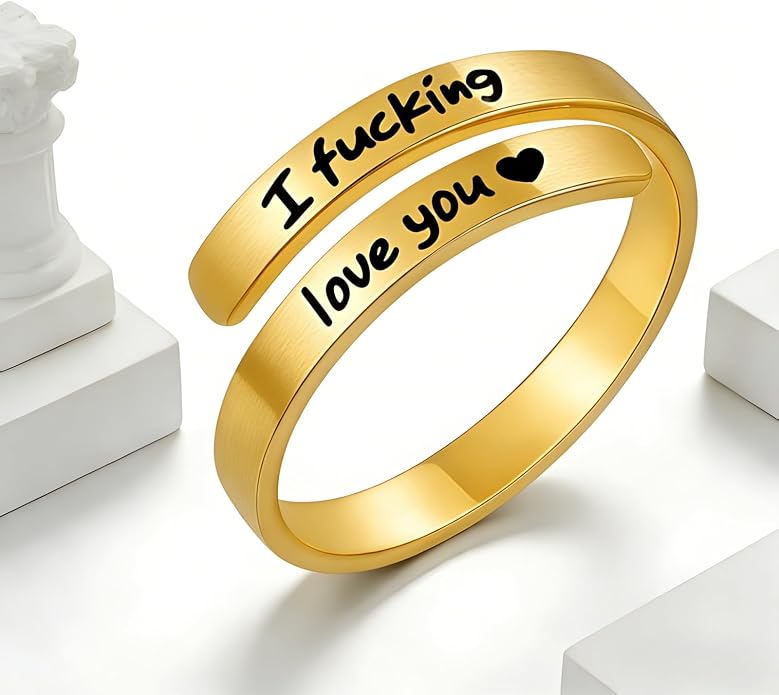 I Fcking Love You Ring, Stainless Steel Engraved Inspirational Words Heart Open Adults Women Vintage Promise Rings Lover Wife Jewelry