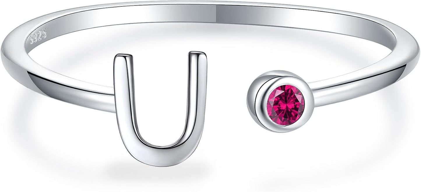 925 Sterling Silver Initial Letter Birthstone Rings for Women Adjustable 1-12 Month Birthstone Alphabet Stacking Ring for Teens Girls Stackable Birthstone Rings Birthday Jewelry Gift for Daughter Mom