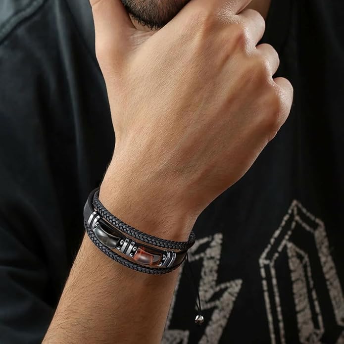 Mens Leather Bracelet Natural Tiger Eye Protection Multilayer Braided Wristband Bangle Gifts for Him