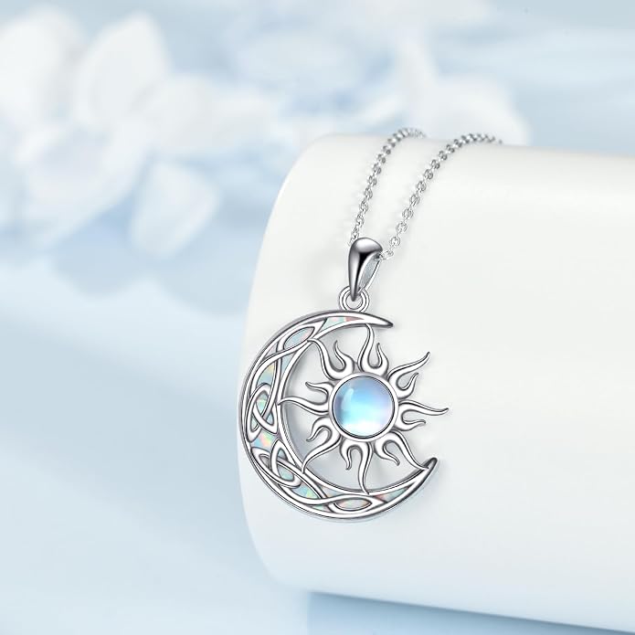 Sun and Moon Necklace for Women 925 Sterling Silver Celtic Crescent Moon Pendant Blue Opal/White Opal/Abelone Shell/Labradorite/Moonstone Jewelry Gift for Teen Girls