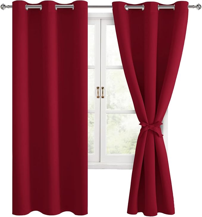 Hiasan Blackout Curtains for Bedroom and Living Room, Light Blocking, Noise Reducing Window Curtain Panels, Tiebacks Included, Set of 2, Grommet Top (Red, Width 38 Inch x Length 72 Inch)