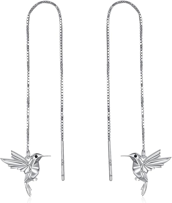 Hummingbird Pull Through Threader Earrings 925 Sterling Silver Long Piercing Tassel Drop Dangle Ear Line Eardrop Earrings Origami Jewelry Birthday Gifts for Women