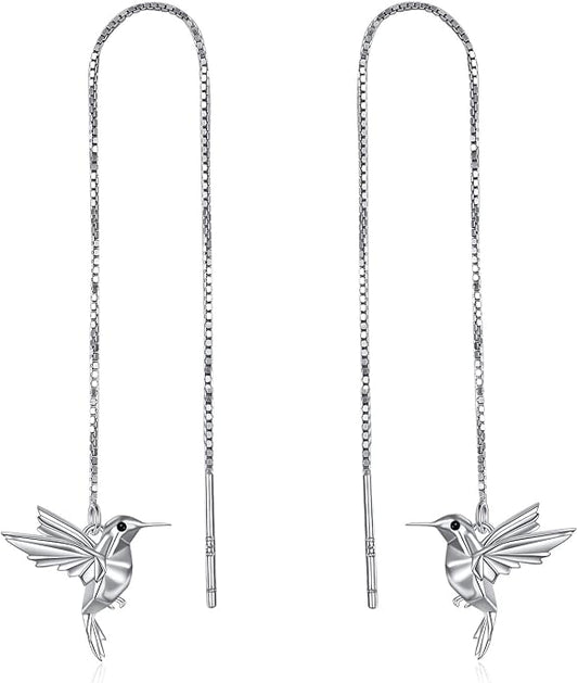 Hummingbird Pull Through Threader Earrings 925 Sterling Silver Long Piercing Tassel Drop Dangle Ear Line Eardrop Earrings Origami Jewelry Birthday Gifts for Women