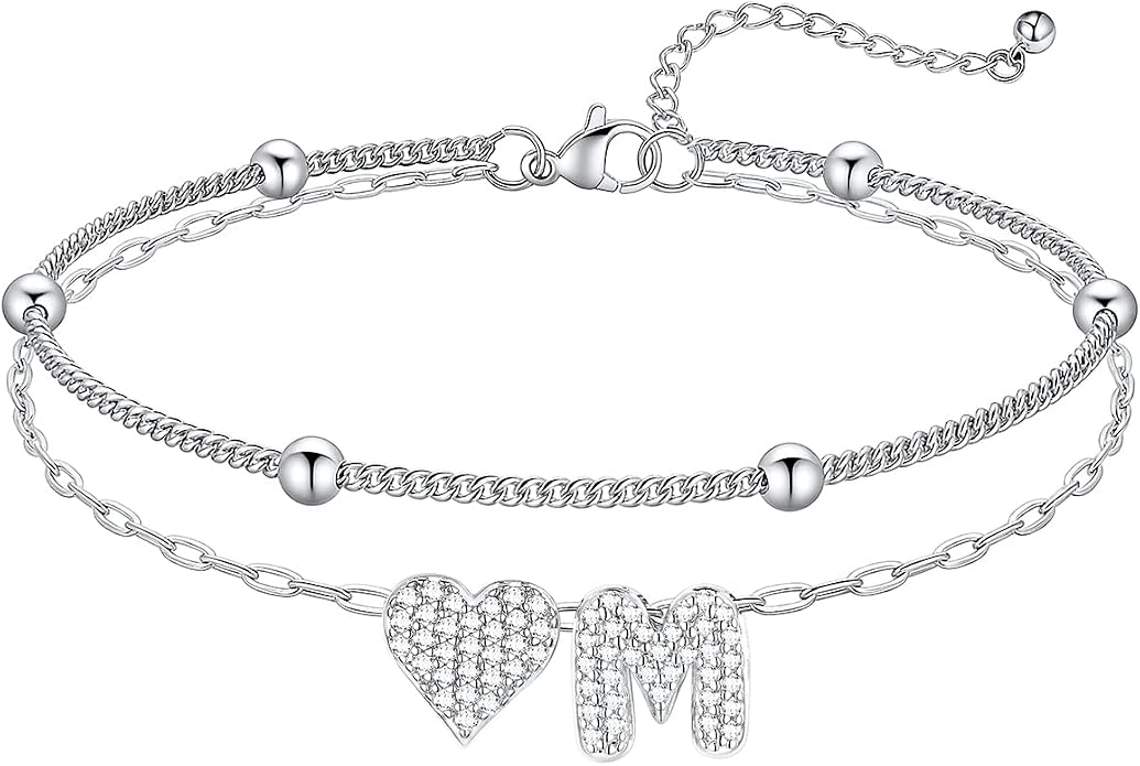 KeyStyle Initial Ankle Bracelets for Women, Stainless SteeL Heart Anklets – Waterproof Layered CZ Initial Anklets,Dainty Summer Foot Jewelry, Mom Birthday Surprises,Gold/Silver