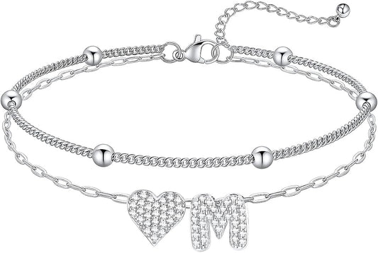 KeyStyle Initial Ankle Bracelets for Women, Stainless SteeL Heart Anklets – Waterproof Layered CZ Initial Anklets,Dainty Summer Foot Jewelry, Mom Birthday Surprises,Gold/Silver