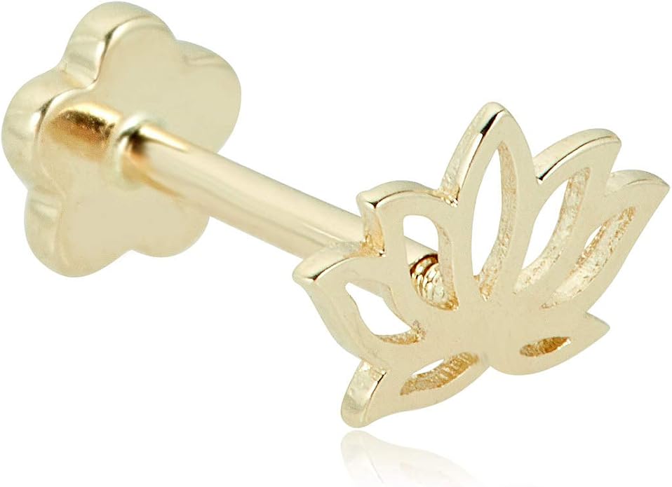AVORA 14K Gold Lotus Flower Cartilage Piercing Flat Back Earring Body Jewelry (18 Gauge)