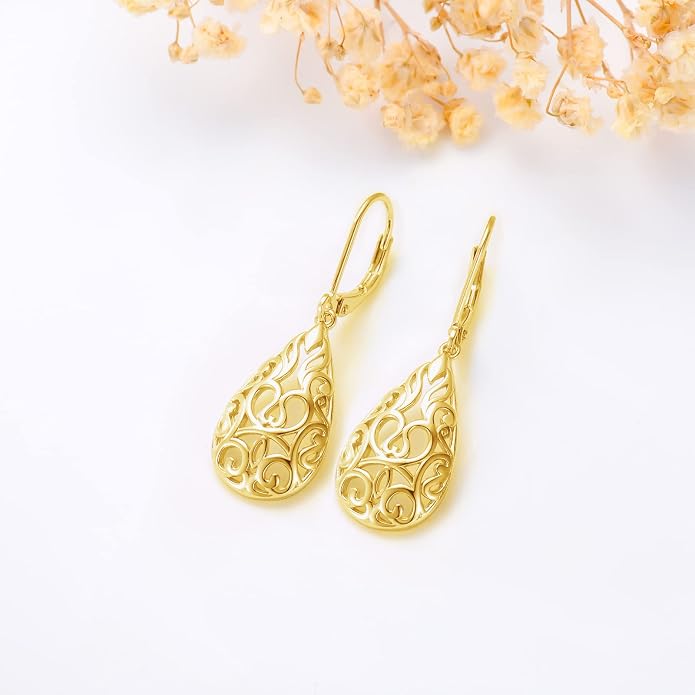 VONALA Filigree Teardrop Earrings for Women Sterling Silver Filigree Teardrop Dangle Earrings Filigree Leverback Earrings for Women Birthday Gift