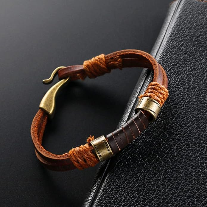 Mens Genuine Leather Bracelet - Handmade Adjustable Leather Cuff Bracelet punk Style leather wrap Wristband for Men