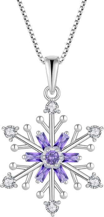 925 Sterling Silver Snowflake Necklace Birthstone Snowflake Pendant Necklaces for Women Cubic Zirconia Christmas Jewelry