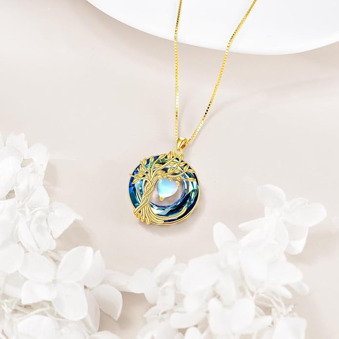 POPLYKE Mothers Day Gifts for Mom Her Wife Tree of Life Necklace 925 Sterling Silver Birthstone Pendant with Crystal Anniversary Birthday Wedding Jewelry for Women