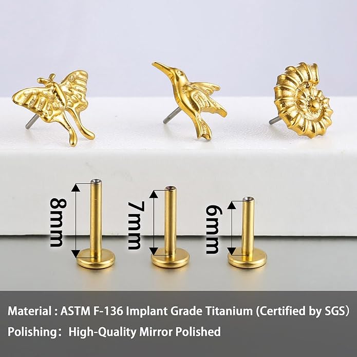 Casvort 3 PCS ASTM F136 Titanium 16G/18G Moth Bird Snail Flower Heart Spiral Threadless Flatback Piercing Stud for Nose, Labret, Tragus, Helix, Conch with 6mm 7mm and 8mm Post- Cartilage Earring Body Piercing Jewelry