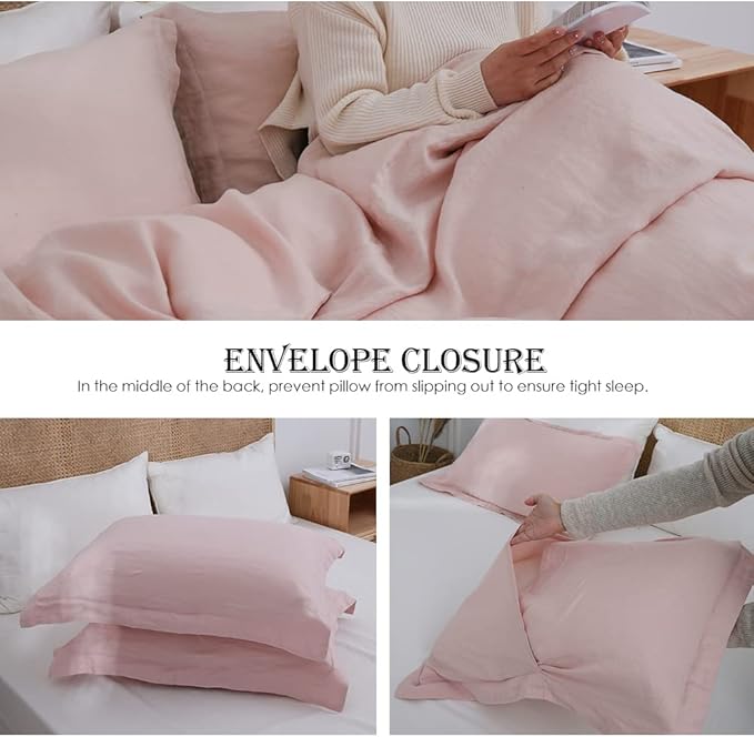 Simple&Opulence 100% Linen Duvet Cover Set 2pcs Basic Style Natural French Washed Flax Solid Color Soft Breathable Farmhouse Bedding with Button Closure - Blush Pink, Twin