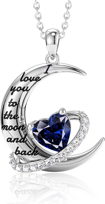 Distance I Love You to The Moon and Back Necklace for Women, S925 Sterling Silver Forever Love Heart Birthstone Necklace, Anniversary Birthday Jewelry for Wife Lover