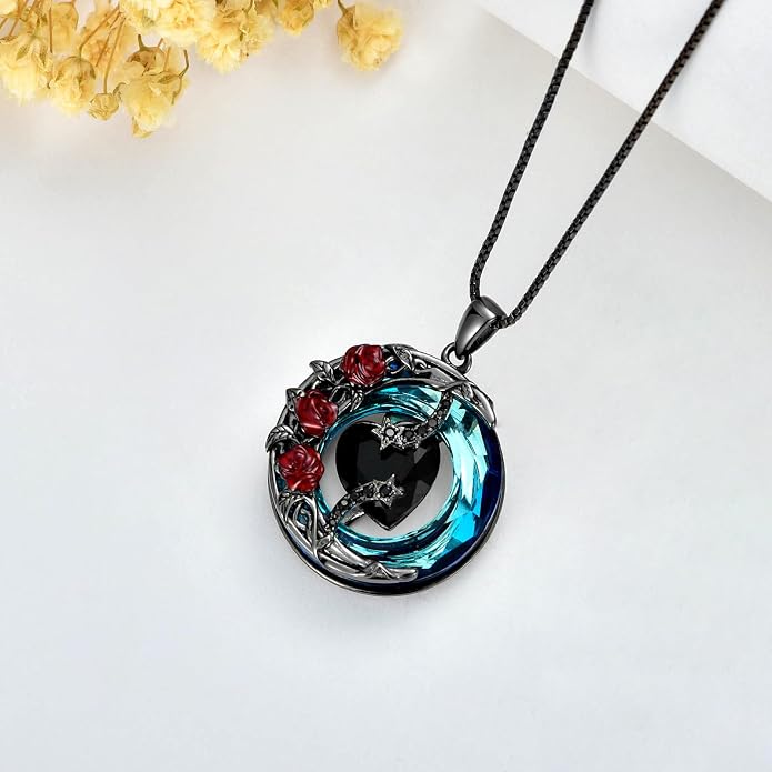 TOUPOP Birthstone Necklace 925 Sterling Silver Moon and Star Pendant Celtic Moon Jewelry with Blue Crystal Anniversary Birthday Gifts for Women Mom Wife Her