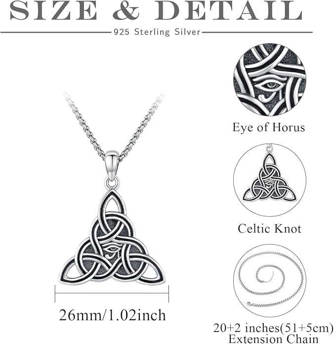 Celtic Knot Necklace 925 Sterling Silver Raven/Compass/Triquetral/Pentagram Celtic Viking Pendant Egyptian Jewelry Gifts for Men