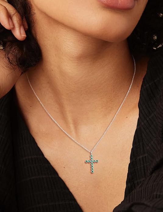 Sterling Silver Cross Necklace for Women Birthstone Religious Jewelry