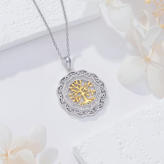 Sterling Silver Birthstone Celtic Tree of Life Necklace, 18K Gold Plated Colored Gemstone Tree of Life Pendant Two-Tone Necklaces Jewelry Birthday Gifts for Women 18" - 20"