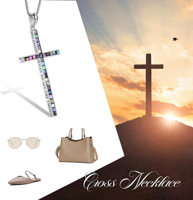 POPLYKE Cross Necklace 925 Sterling Silver Philippians 4:13 I Can Do All The Things Inspirational Necklace Gifts for Women Men 20+2''