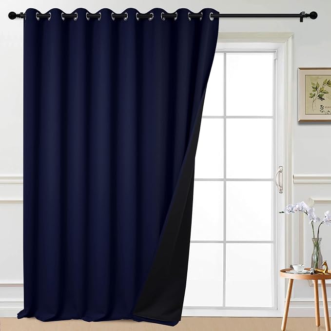 Yakamok Navy Blue Blackout Patio Door Curtain Panels W100 x L108,1 Panel | Noise Reducing Barrier Panel for Sliding Glass Door, 2 Thick Layers Heat Full Light Blocking Patio Door Drapery