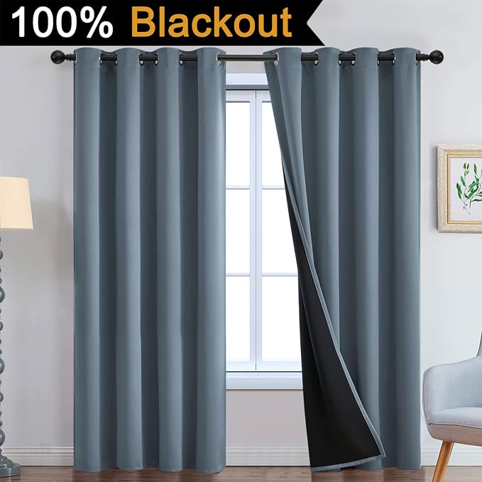 Yakamok Stone Blue 100% Blackout Curtains 90 Inches Long 52" Wide 2 Panel | Blackout Curtain Panels for Bedroom, 2 Thick Layers Grommet Top Thermal Insulated Drapes with Black Liner for Living Room