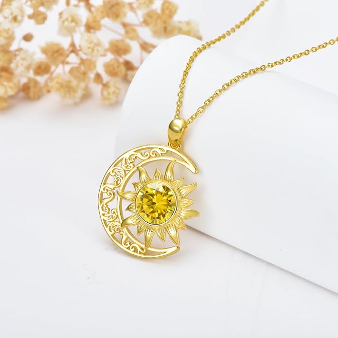 Crescent Moon Necklace for Women 18K Gold Plated Silver Moon and Sun Pendant with Gemstone Dainty Birthstone Jewelry Pendant Necklace for her