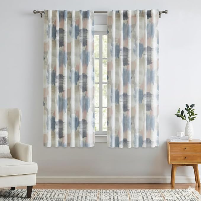 Kayne Studio Farmhouse Colorful Curtains with Backtab and Rod Pocket,Semi Sheer Light Filtering Living Room Curtains, Abstract Painting and Watercolor Ink Boho Drapes,Pink and Blue,52W x 63L,2 PK