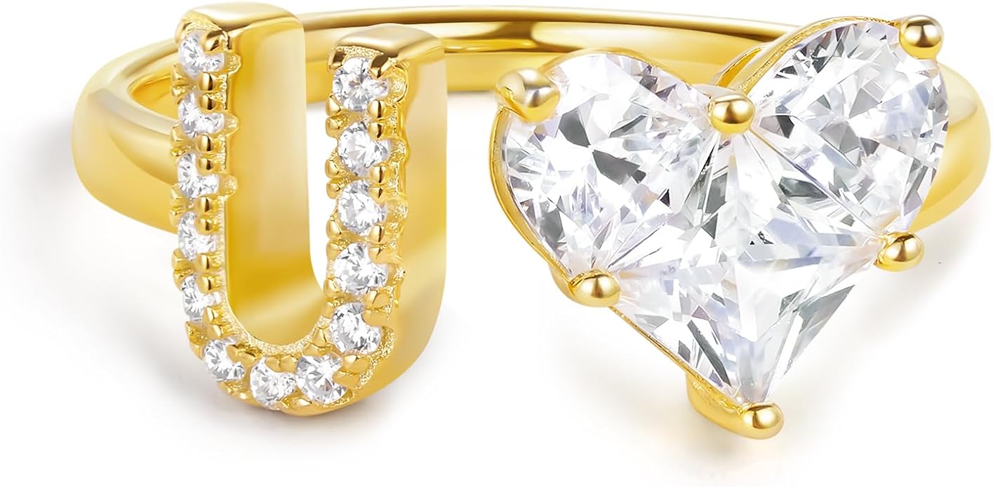 KissYan Sterling Silver Initial Heart Ring for Women, S925 Letter Rings 14K Gold Plated Open Adjustable Dainty Pave CZ Personalized Fashion Trendy Gifts for Mother's Day