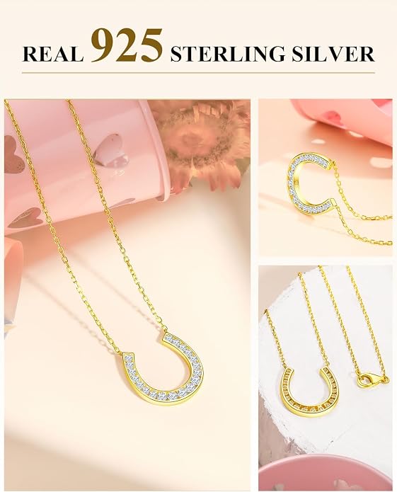 Luck Horseshoe Necklace 14K Gold Plated/Sterling Silver Created Gemstone Pendant with Chain Channel Set U Shaped Charm Necklace Birthstone Jewelry