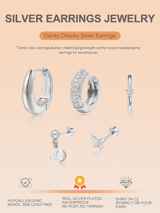 Small Chunky Stud Hoop Stacks Earrings for Women Hypoallergenic Silver Gold Flat Back Stud for Sensitive Ears Small 14K Gold Plated Huggie Cubic Zirconia Cartilage Earrings Set for Multiple Piercing Jewelry Gifts for Women 5 Pairs