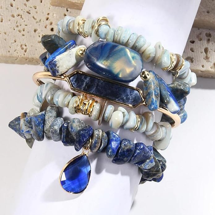 Yomisa 5PCS 6PCS Natural Boho Beaded Bracelets/Bangle for Women Men,Healing Turquoise Jasper Agate Crystal Gemstone Stone Chakra Multilayer Wrap Bohemian Handmade Jewelry Beads Stretch Bracelet Set