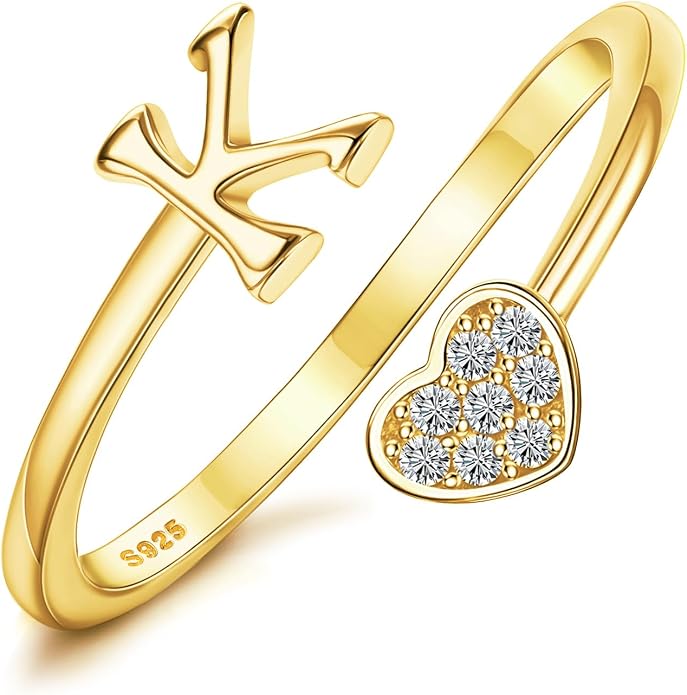 MILACOLATO 925 Sterling Silver Initial Rings for Women Teen Girl 18K Gold Plated Heart Initial Rings Adjustable Capital Letter Ring Stackable Thumb Pinky Rings for Daughter Birthday Bridesmaid Gifts Jewelry, A to Z